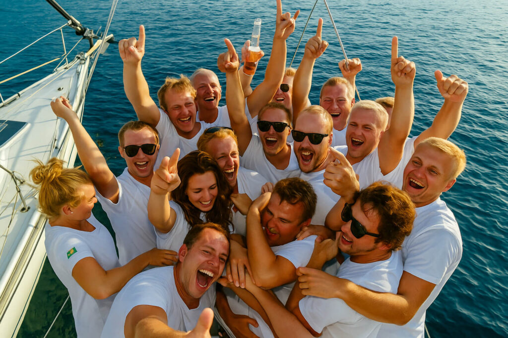 Group of friends on a sailboat cheering with arms raised, one holding a beer bottle threats.