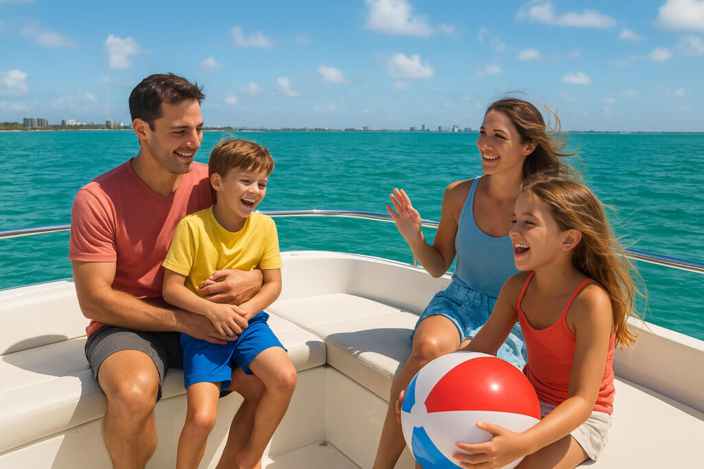 A family of four on a white boat deck, laughing together as the turquoise sea and blue sky stretch behind them; the girl holds a beach ball.