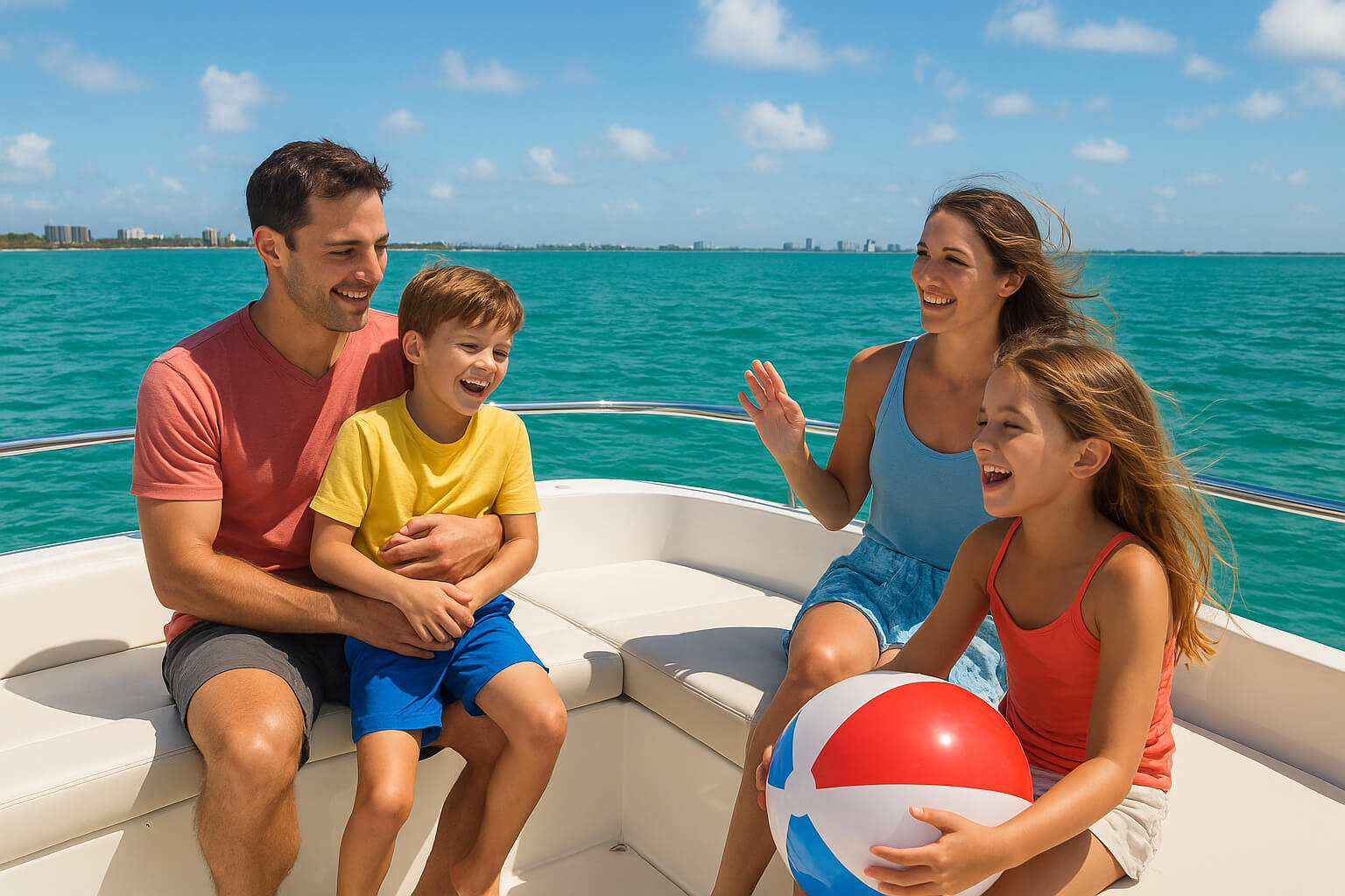 A family of four on a white boat deck, laughing together as the turquoise sea and blue sky stretch behind them; the girl holds a beach ball.