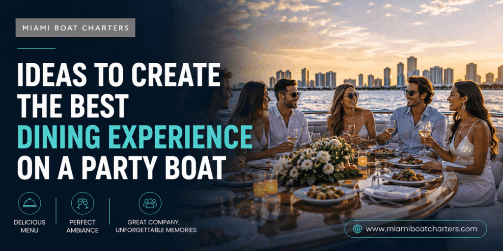 Group of friends dining on a party boat at sunset with a city skyline, promotional text about creating the best dining experience and icons for menu, ambiance, memories on the left.",